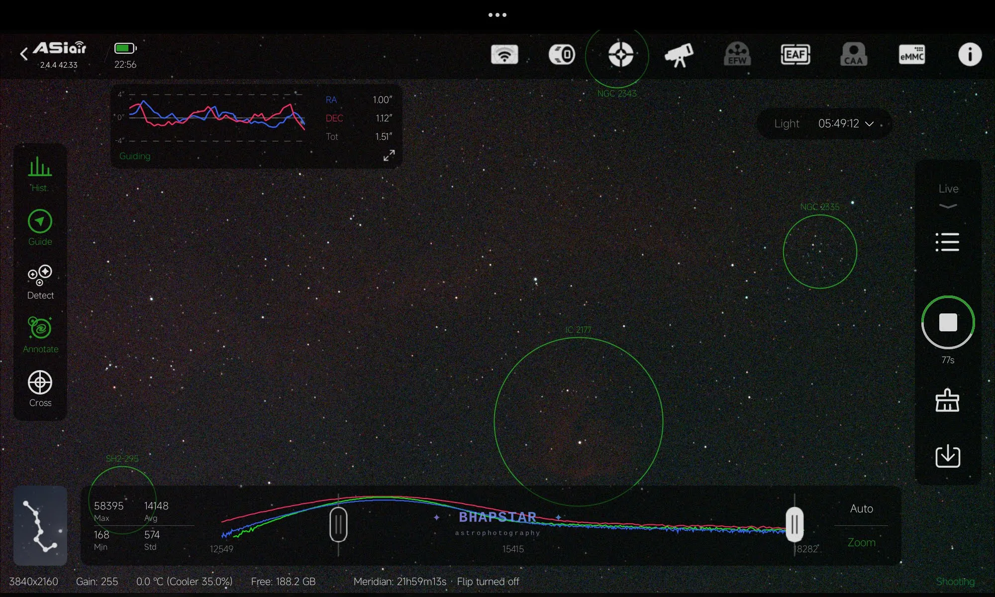The ASIAir interface during a session, showing an annotated star field with IC 2177 and two nearby NGC clusters labelled, a histogram along the bottom and a guiding graph reporting 1.51 arcsecond RMS