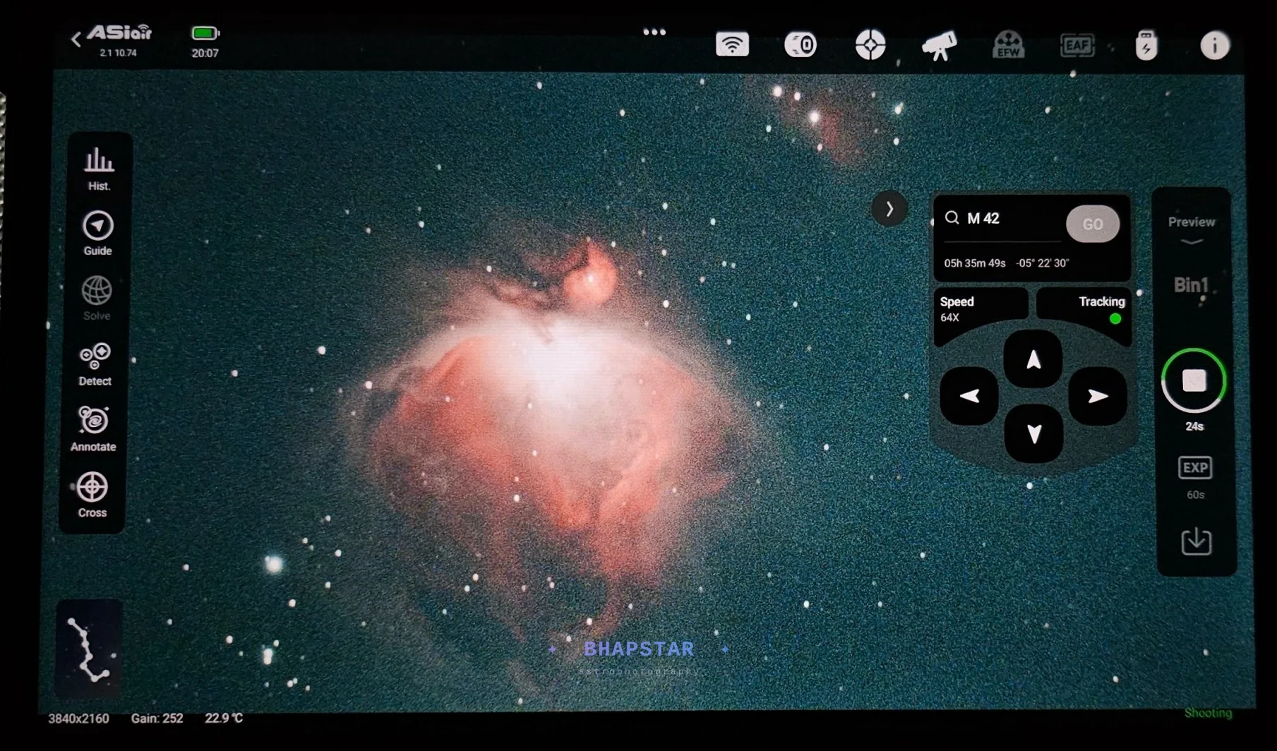 The ASIAir app on a tablet showing a 60 second preview exposure of the Orion Nebula, with the target search, mount slew controls and exposure settings around the edge of the frame