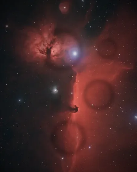 The Flame and Horsehead nebulae with clearly darkened corners and four ring-shaped dust shadows across the frame.