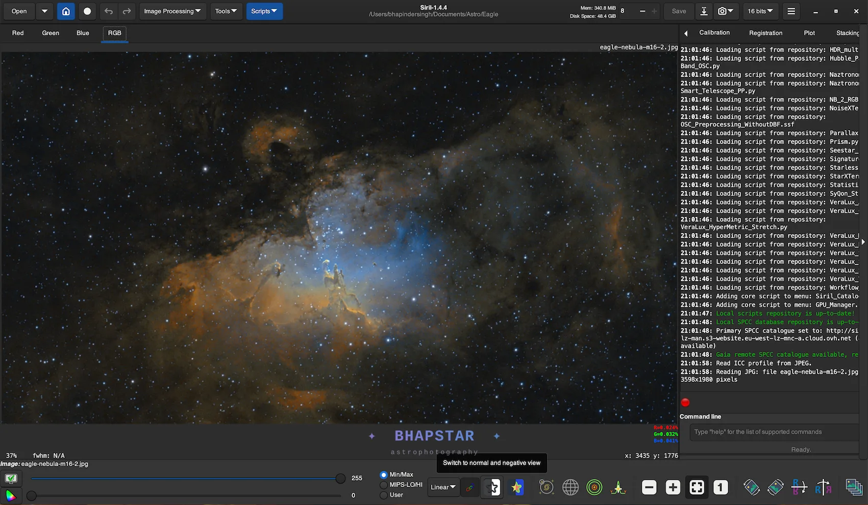 The Siril interface with the Eagle Nebula M16 open in the preview pane after calibration and stacking