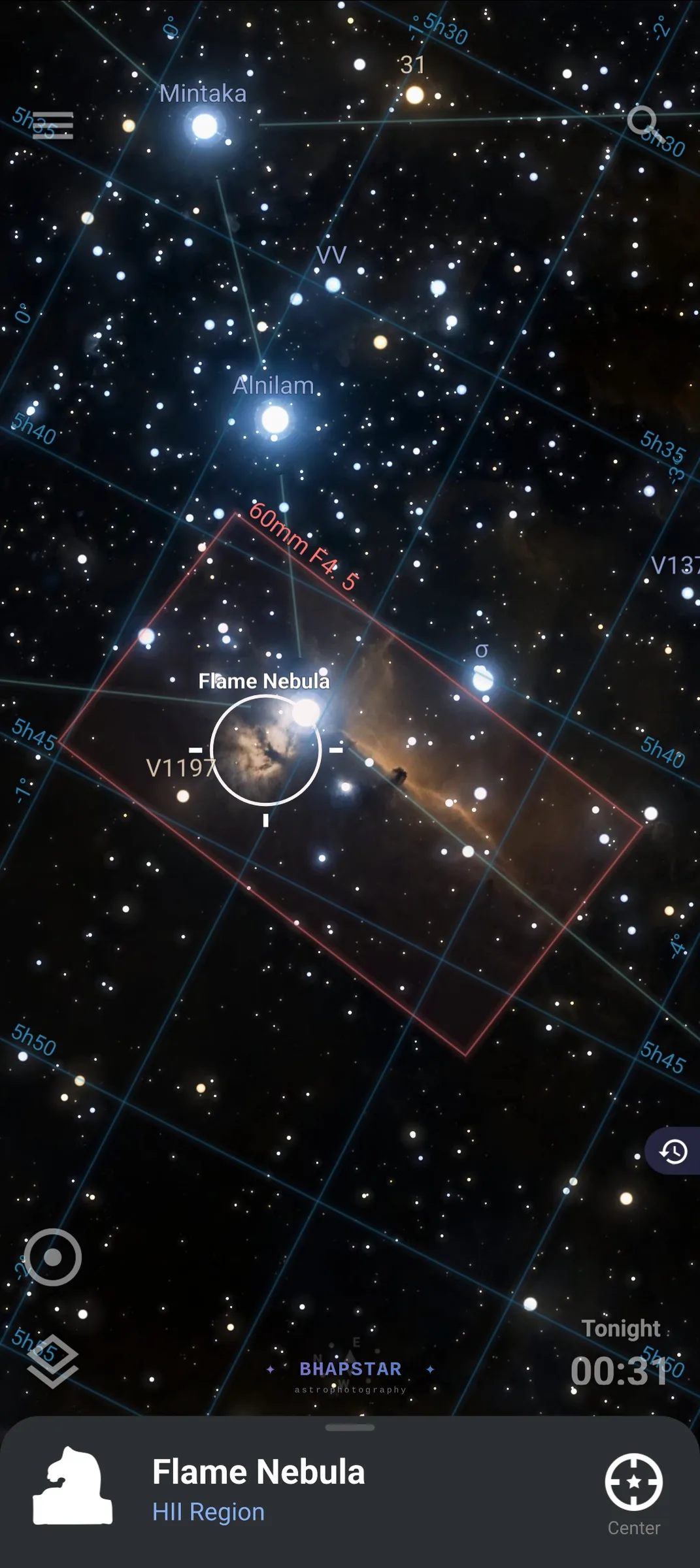 The Stellarium app with a red camera frame labelled 60mm f/4.5 around the Flame and Horsehead nebulae, with clear space on every side
