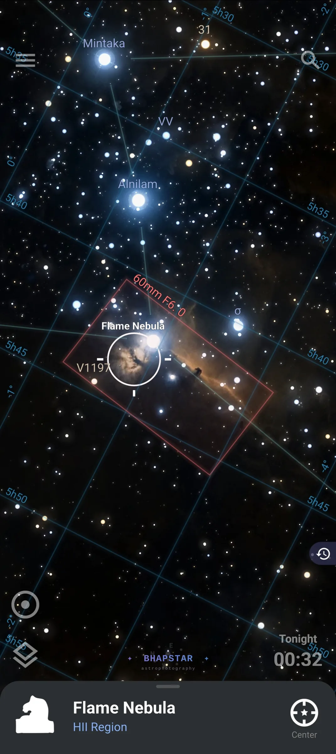 The Stellarium app with a red camera frame labelled 60mm f/6.0 around the Flame and Horsehead nebulae, tighter than the reducer frame