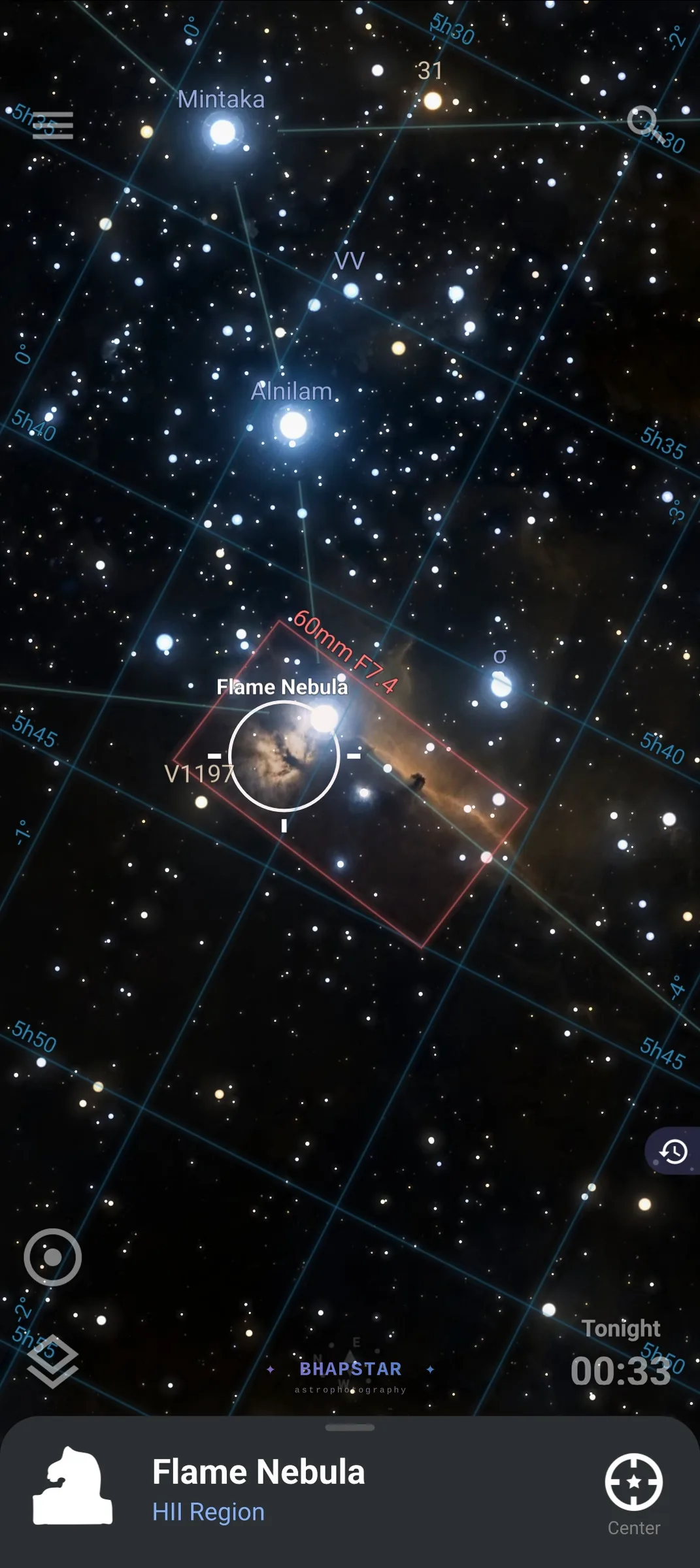 The Stellarium app with a red camera frame labelled 60mm f/7.4 around the Flame and Horsehead nebulae, filling most of the frame
