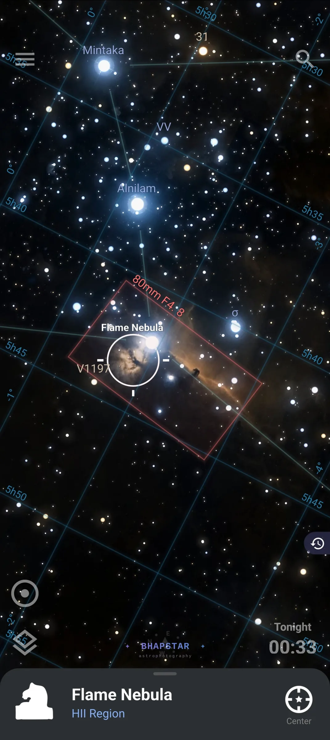 The Stellarium app with a red camera frame labelled 80mm f/4.8 around the Flame and Horsehead nebulae