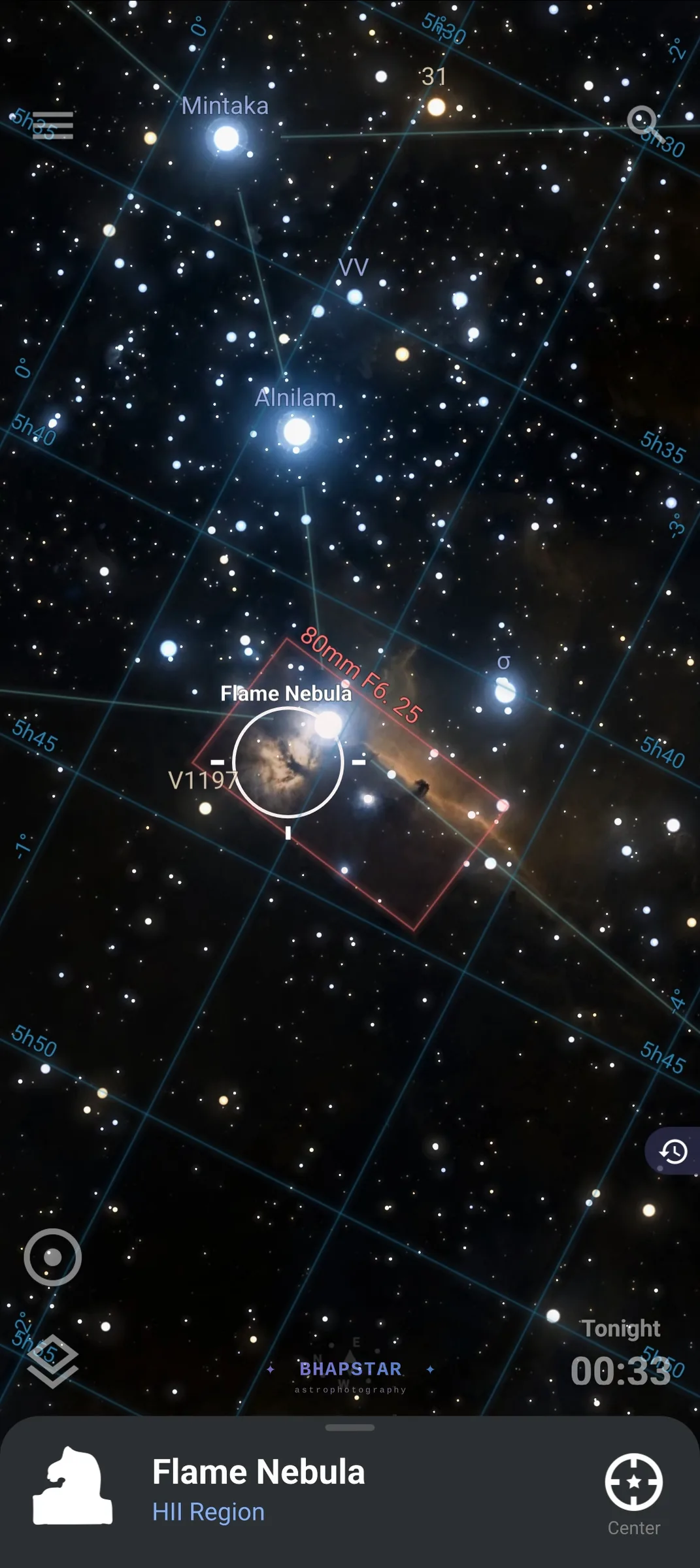 The Stellarium app with a red camera frame labelled 80mm f/6.25 around the Flame and Horsehead nebulae, with the Horsehead close to the edge