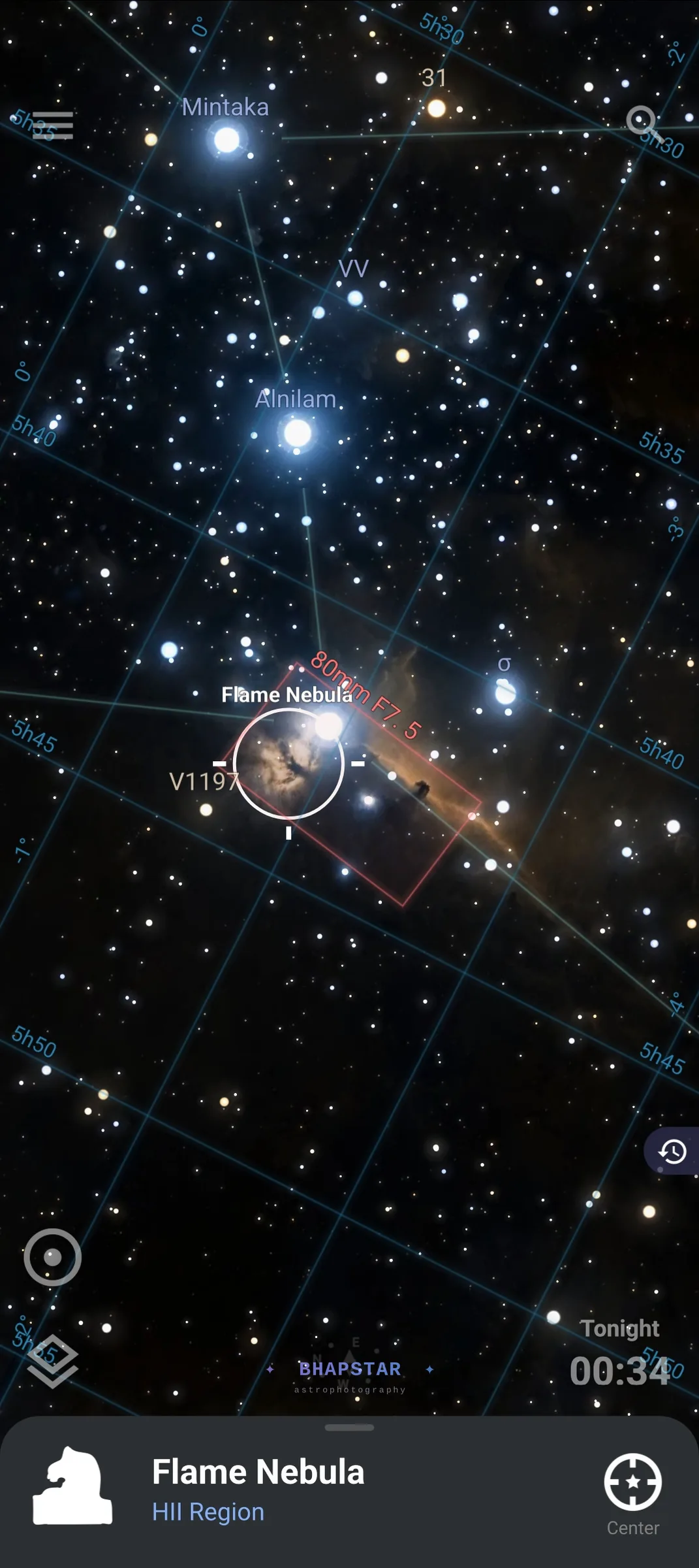 The Stellarium app with a red camera frame labelled 80mm f/7.5 tight on the Flame Nebula, with the Horsehead at the edge of the frame