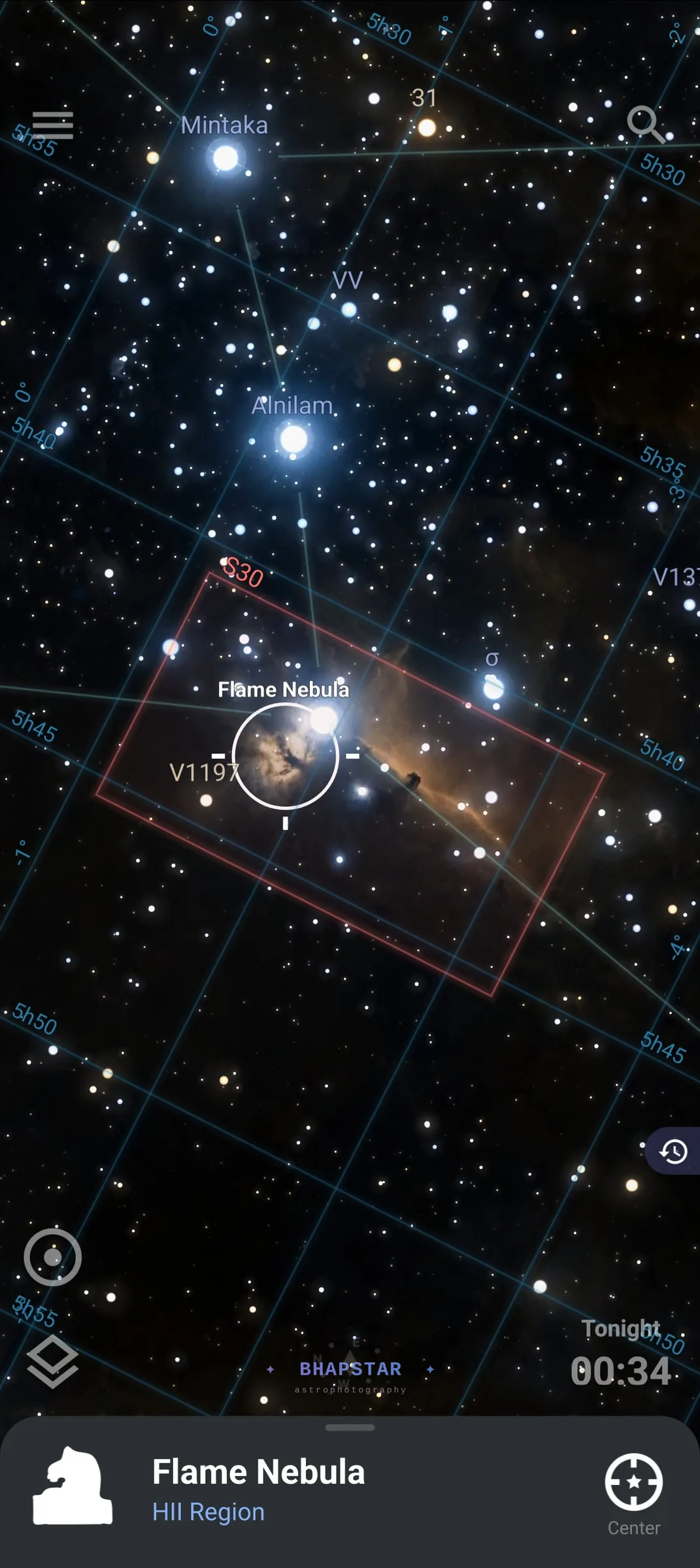 The Stellarium app with a red camera frame labelled S30 around the Flame and Horsehead nebulae with a little room to spare