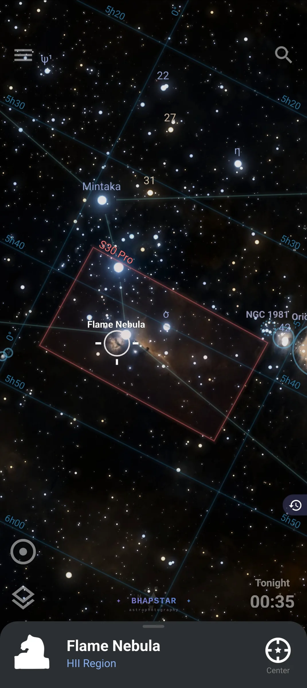 The Stellarium app with a red camera frame labelled S30 Pro covering the Flame and Horsehead nebulae with the Orion Nebula and NGC 1981 crowding the far corner