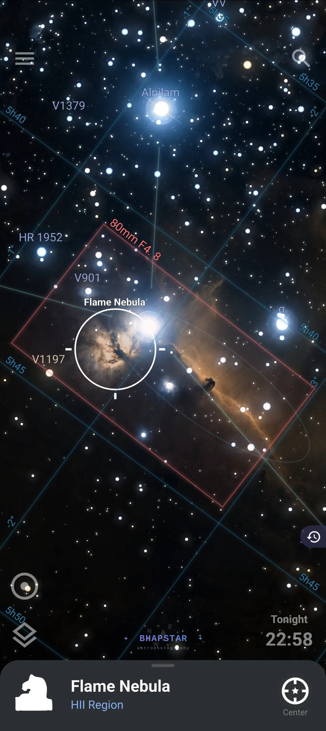 The Stellarium phone app with a red camera frame drawn over the Flame and Horsehead Nebulae in Orion, showing how the pair sit together inside a single exposure at 80mm f/4.8