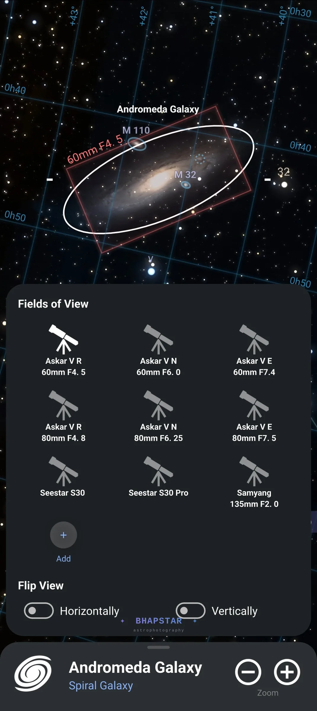 The Stellarium phone app with the Fields of View panel open, listing nine saved equipment profiles including six Askar V configurations, two Seestar smart telescopes and a Samyang 135mm lens, with the Andromeda Galaxy framed behind it