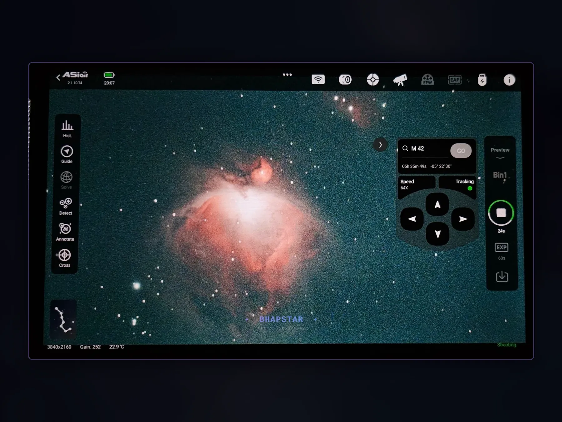 The ASIAir app running on a tablet, showing a live preview of the Orion Nebula with the target search, mount slew pad and exposure controls around the frame