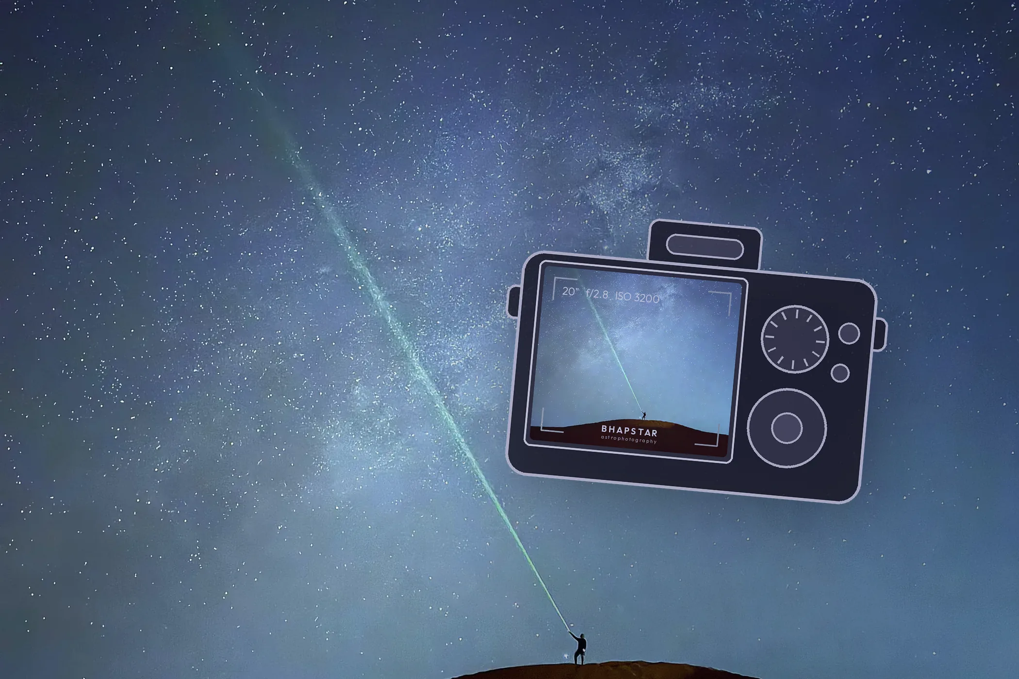 A camera back against the Milky Way over the desert, its rear screen showing the same view it is capturing