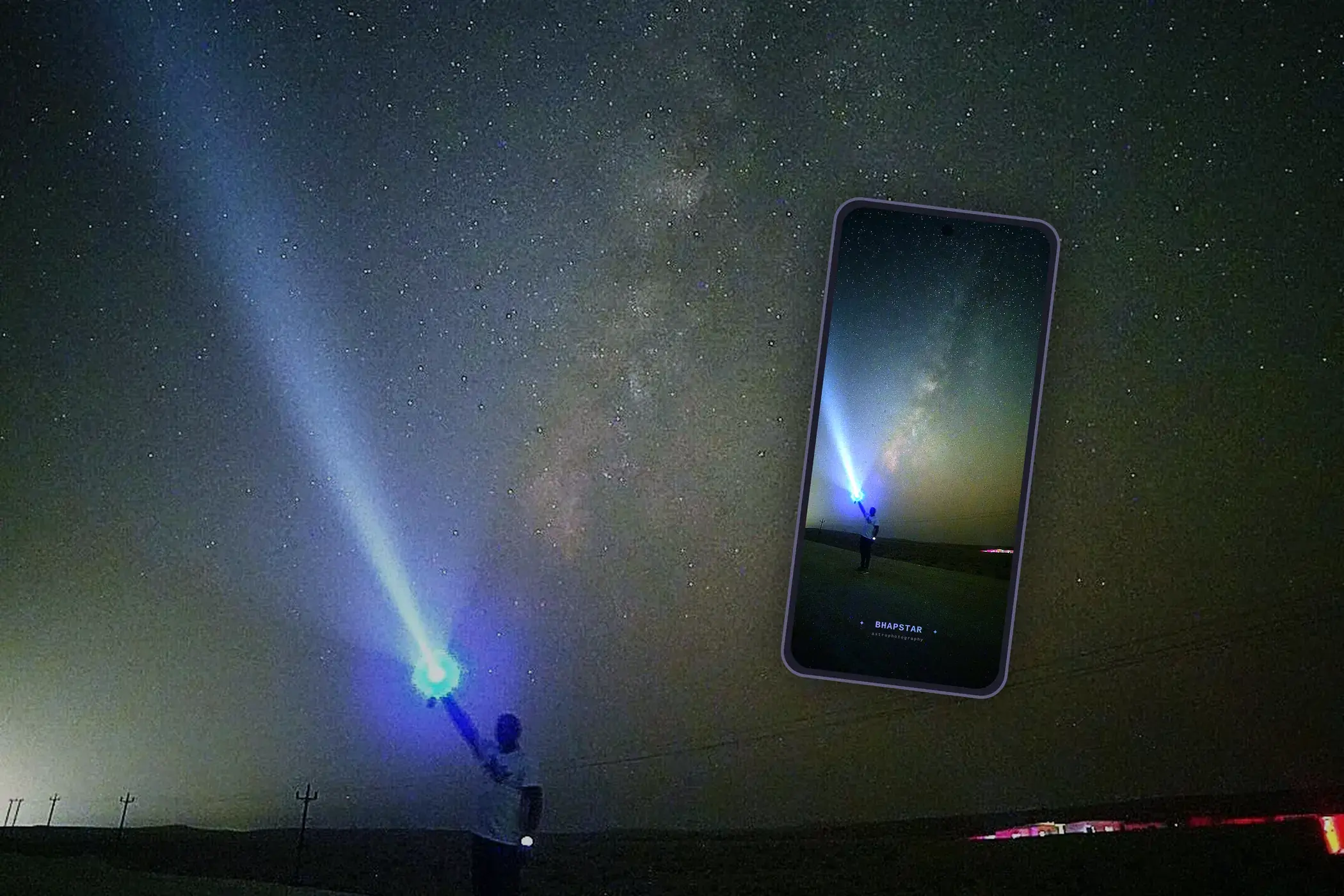 A phone held up to the Milky Way over the desert, its screen showing the same view it is capturing