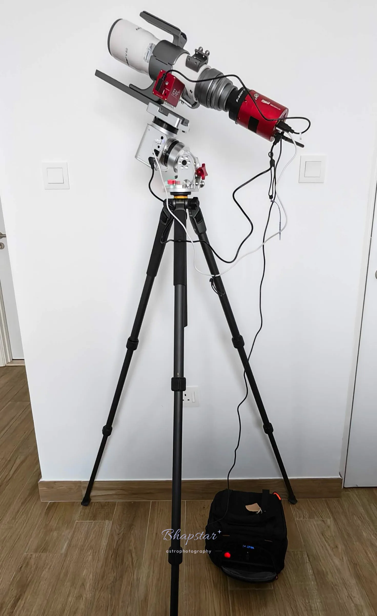 The complete astrophotography rig assembled on its tripod