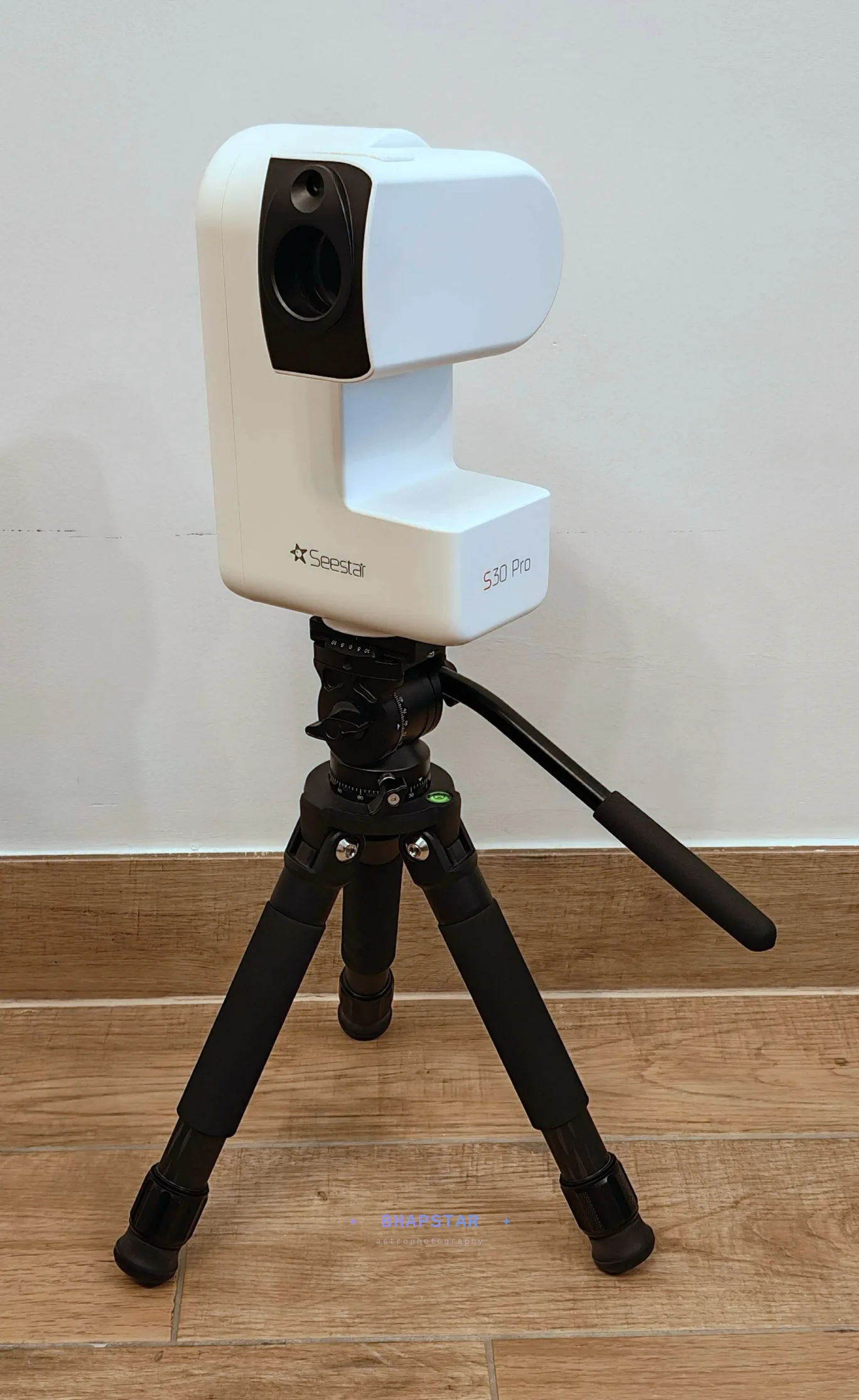 ZWO TC20 tripod and TH10 head with a Seestar S30 Pro, front view
