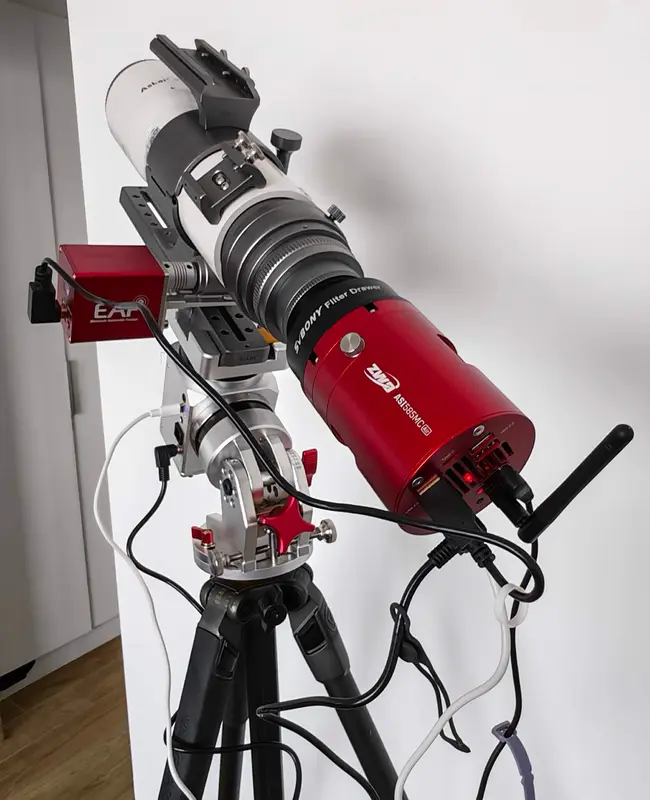 The rear of the imaging train, with the ASI585MC Air fitted behind the telescope