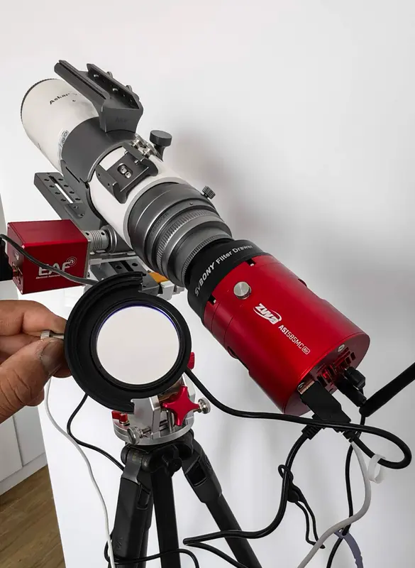 The imaging train showing the filter drawer between the camera and the telescope