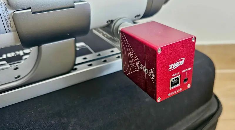 The ZWO EAF electronic focuser fitted to the telescope focuser in place of the focus knob