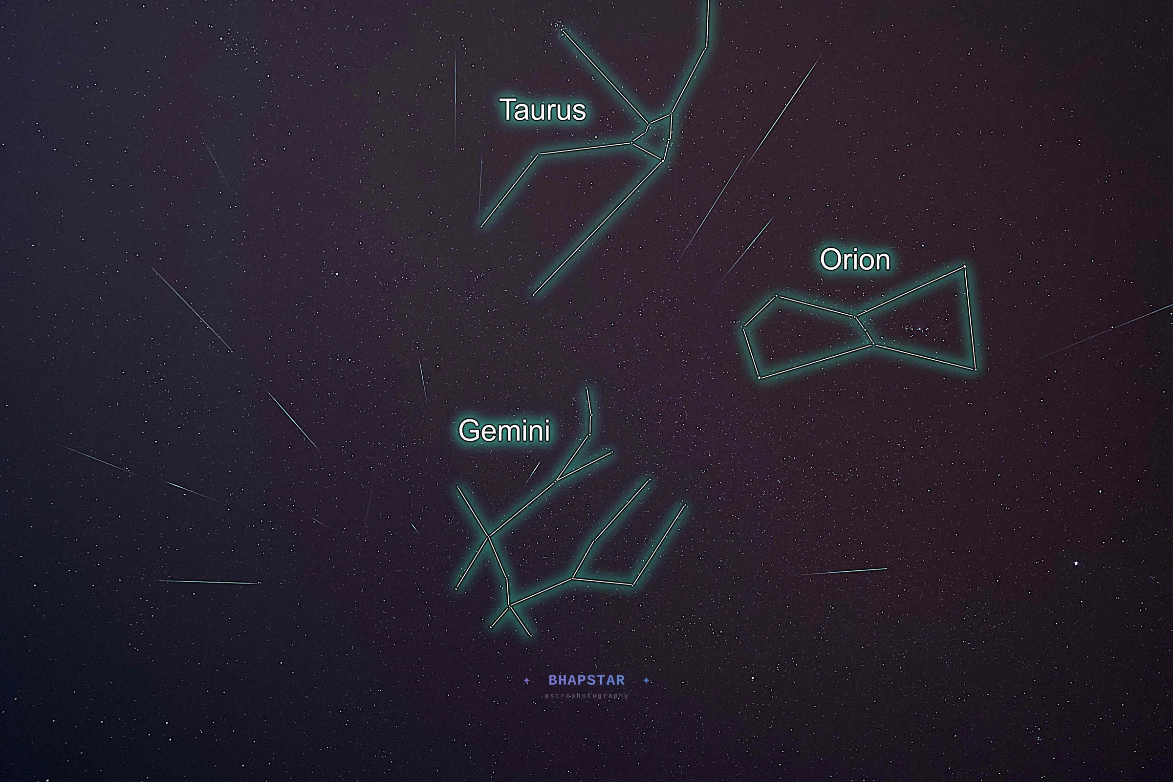 Geminids meteor shower composite labelled radiant point astrophotography